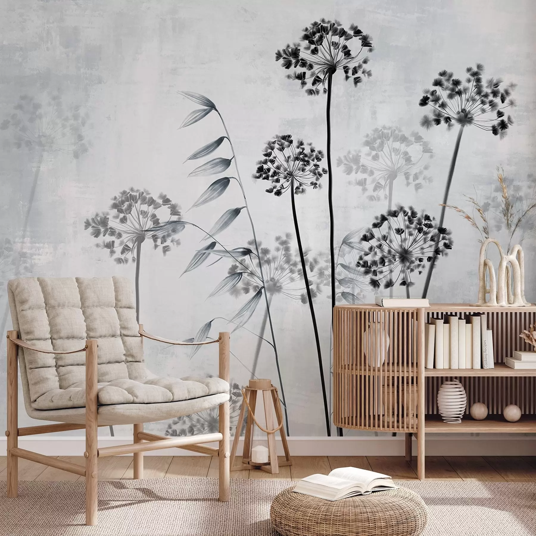 wall murals Dried flowers drawing with long stems, monochrome palette, against a textured, light gray background, botanical illustration w09314