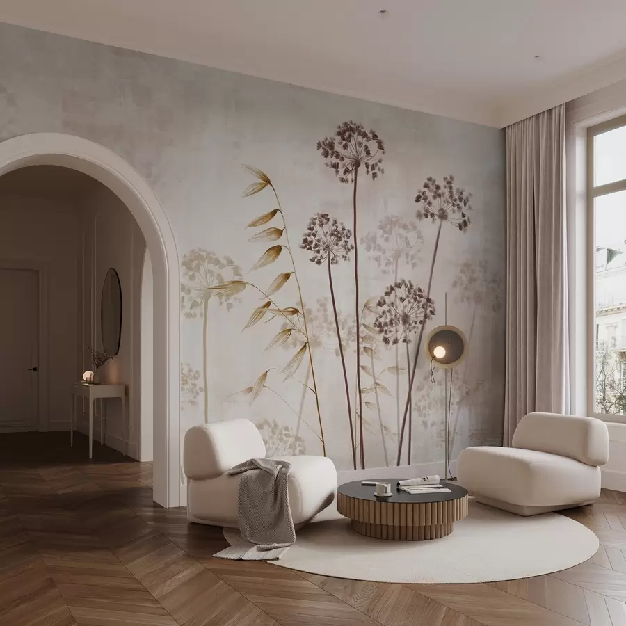 Wall Mural Photo Wallpaper Dried flowers drawing with long stems, monochrome palette, against a textured, light beige background, botanical illustration w09314v1