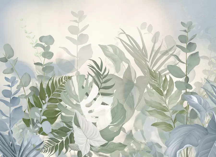 murais de parede Plantas verdes pastel, fetos, monstera e eucalipto, fundo com textura clara, iluminação suave, tranquilidade, ilustração botânica w09316