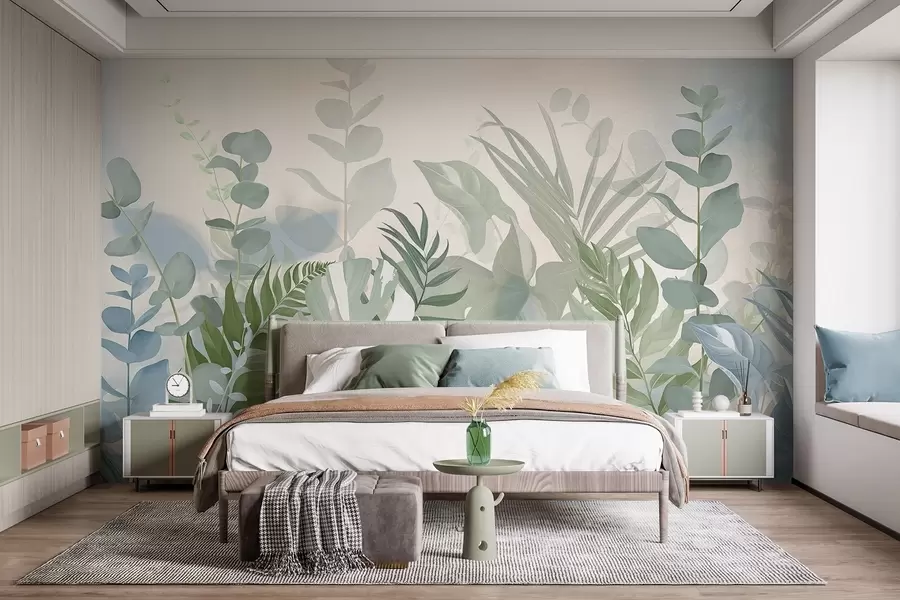 Wall Mural Photo Wallpaper Pastel green plants ferns, monstera and eucalyptus, light textured background, soft lighting, peaceful , botanical illustration w09316