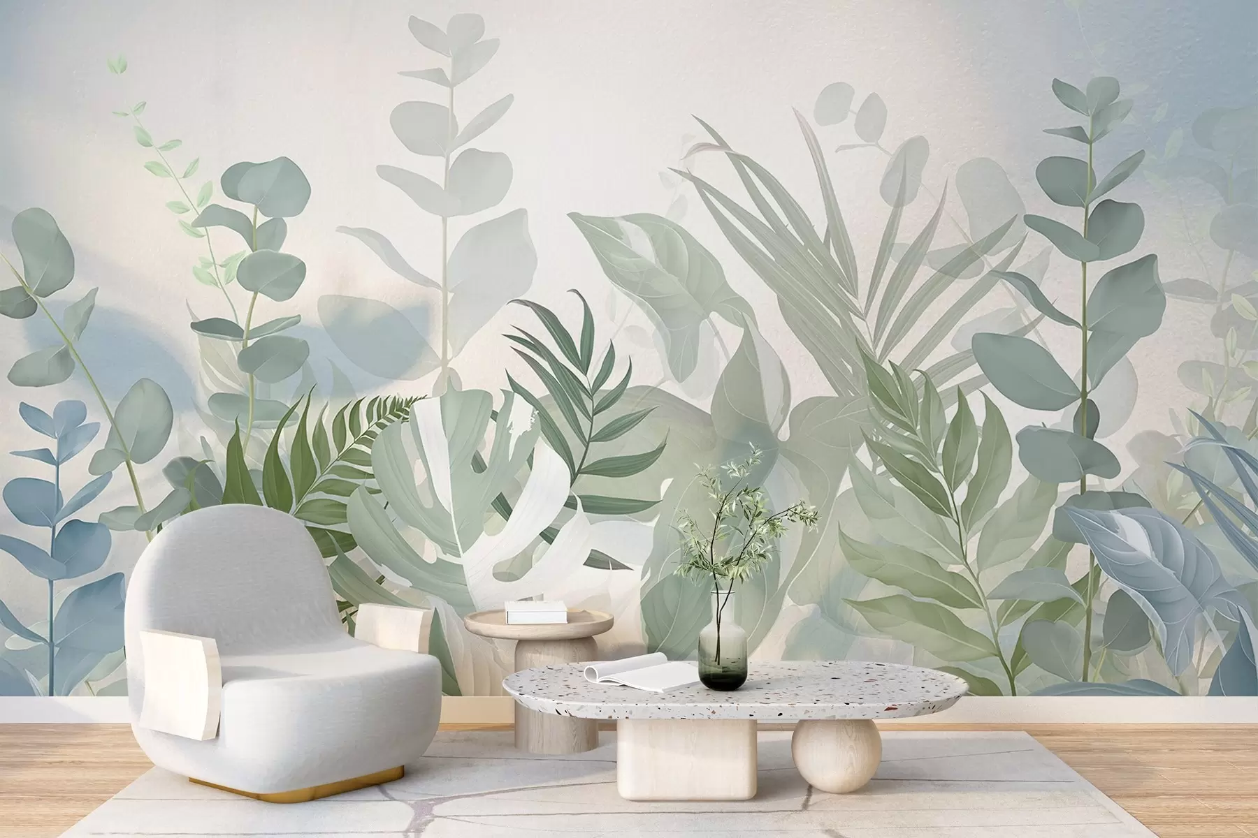 Wall Mural Photo Wallpaper Pastel green plants ferns, monstera and eucalyptus, light textured background, soft lighting, peaceful , botanical illustration w09316