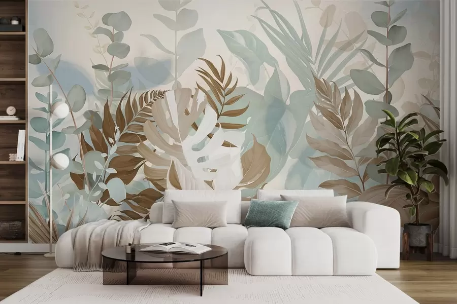 Wall Mural Photo Wallpaper Pastel plants ferns, monstera and eucalyptus, light textured background, soft lighting, peaceful , botanical illustration w09316v1