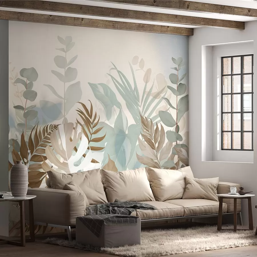 Wall Mural Photo Wallpaper Pastel plants ferns, monstera and eucalyptus, light textured background, soft lighting, peaceful , botanical illustration w09316v1