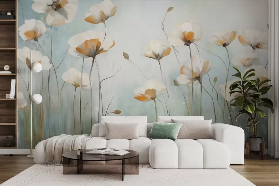 Wall Mural Photo Wallpaper White textured poppies on long stems, light blue and green background, soft brushstrokes, delicate floral field arrangement w09317