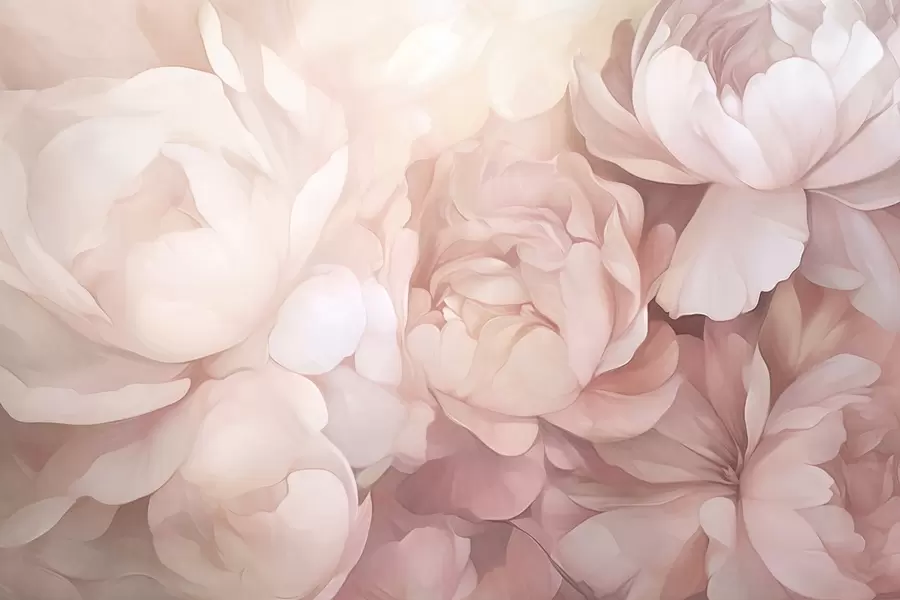 peintures murales Pivoines d'un rose pastel clair aux pétales délicats, doux et texturés, disposées en rangs serrés, créant un art floral dense, éclairage doux w09319