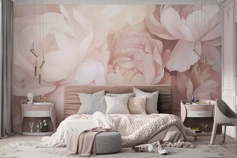 Wall Mural Photo Wallpaper Light pastel pink peonies with soft, textured delicate petals, arranged closely together, creating a dense floral art, soft lighting w09319