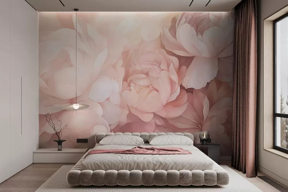 murales Peonías de color rosa pastel claro con delicados pétalos suaves y texturizados, dispuestos muy juntos, creando un denso arte floral, iluminación suave w09319