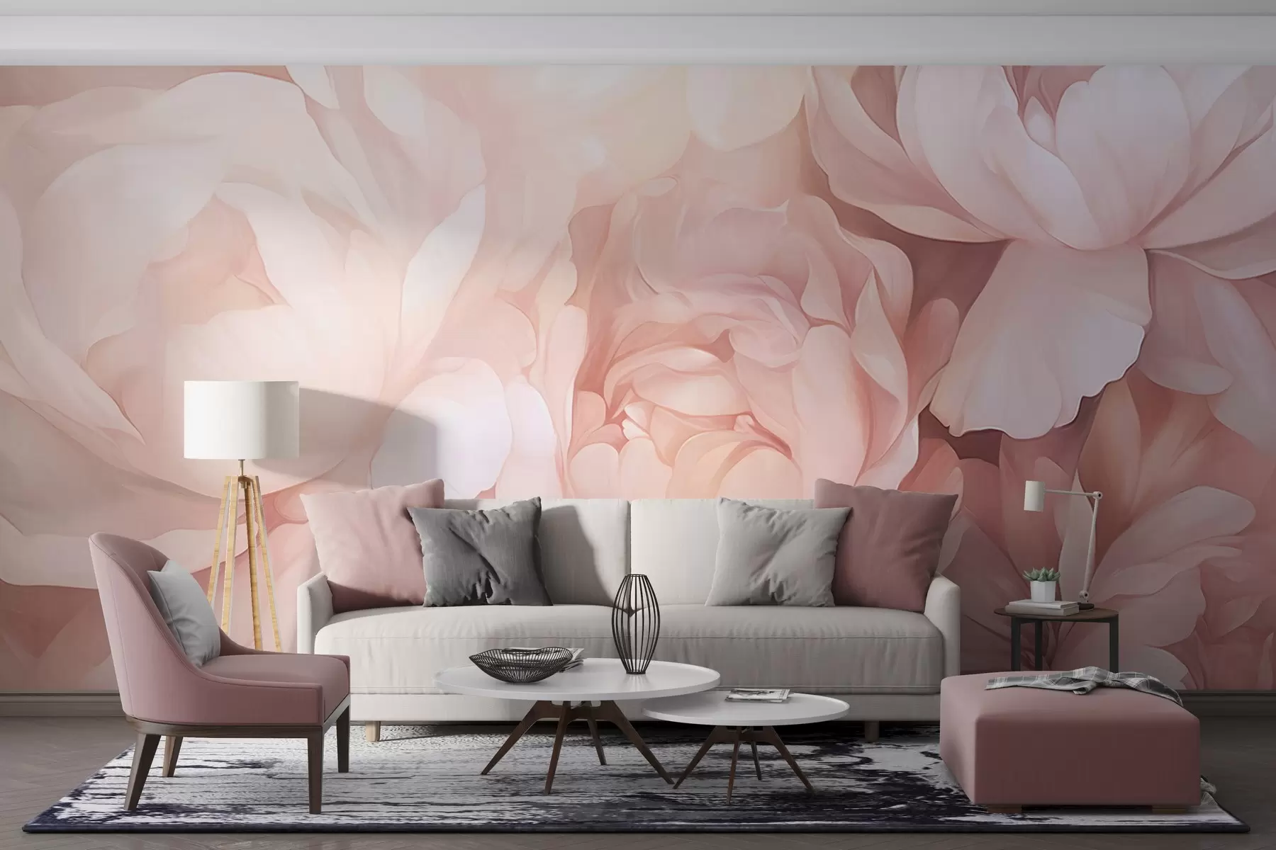 murales Peonías de color rosa pastel claro con delicados pétalos suaves y texturizados, dispuestos muy juntos, creando un denso arte floral, iluminación suave w09319