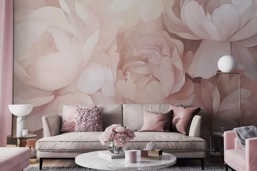 murales Peonías de color rosa pastel claro con delicados pétalos suaves y texturizados, dispuestos muy juntos, creando un denso arte floral, iluminación suave w09319
