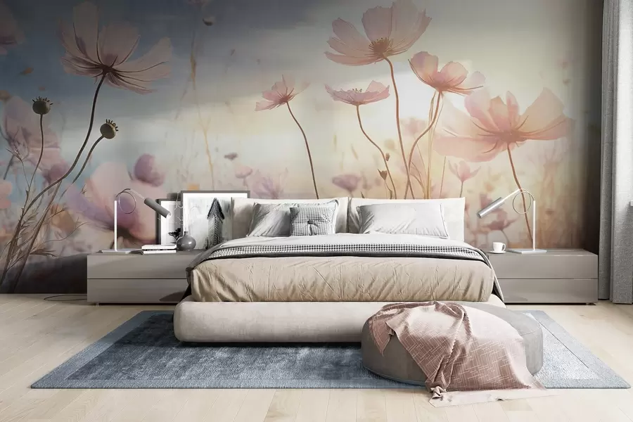 murais de parede Um campo de flores cor-de-rosa texturizadas com caules longos, contra um céu azul e amarelo suave, criando uma atmosfera de sonho w09320