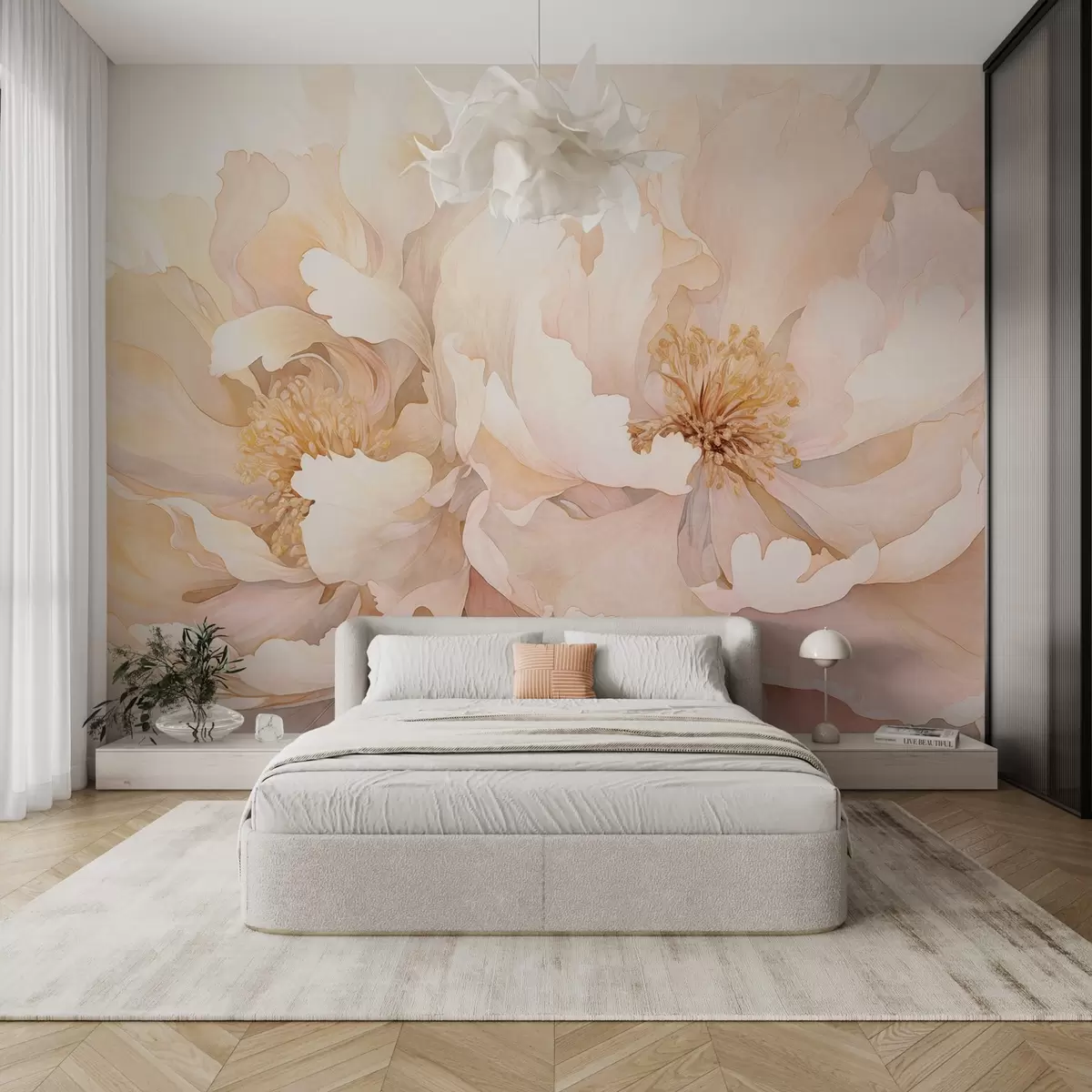 murales Flores con textura de peonía y delicados pétalos en tonos melocotón crema y rosa claro con una suave textura de acuarela w09321