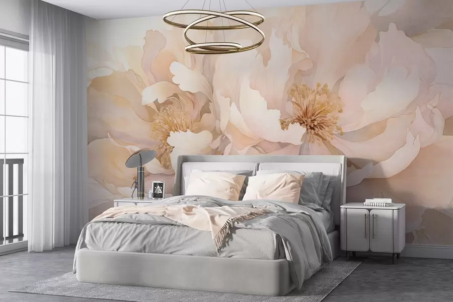 murales Flores con textura de peonía y delicados pétalos en tonos melocotón crema y rosa claro con una suave textura de acuarela w09321