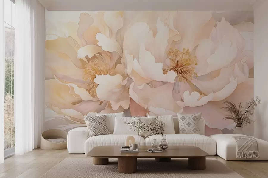 Wall Mural Photo Wallpaper Peony textured flowers with delicate petals in shades of cream  peach, and light pink with a soft, watercolor-like texture w09321