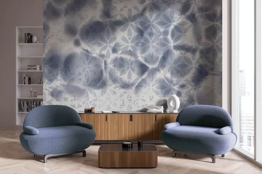 Wall Mural Photo Wallpaper Abstract textured art with blue floral print, faded and blurred effect, creating a soft and dreamy atmosphere w09322