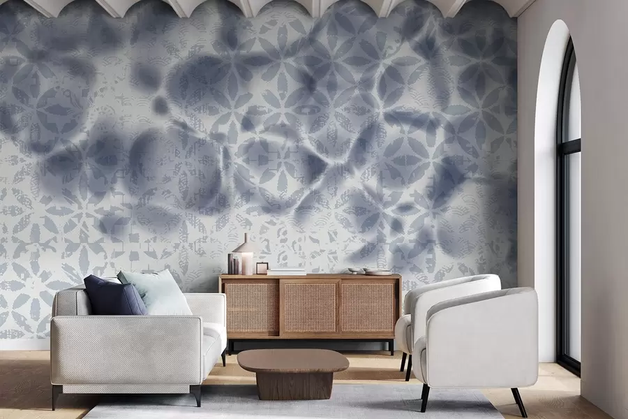 wall murals Abstract textured art with blue floral print, faded and blurred effect, creating a soft and dreamy atmosphere w09322