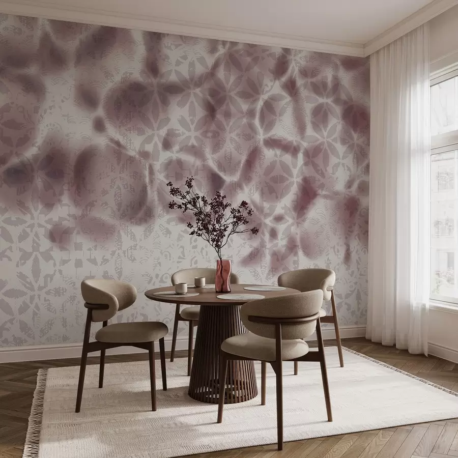 murales Arte abstracto texturizado con estampado floral bordo, efecto difuminado y borroso, que crea una atmósfera suave y soñadora w09322v1