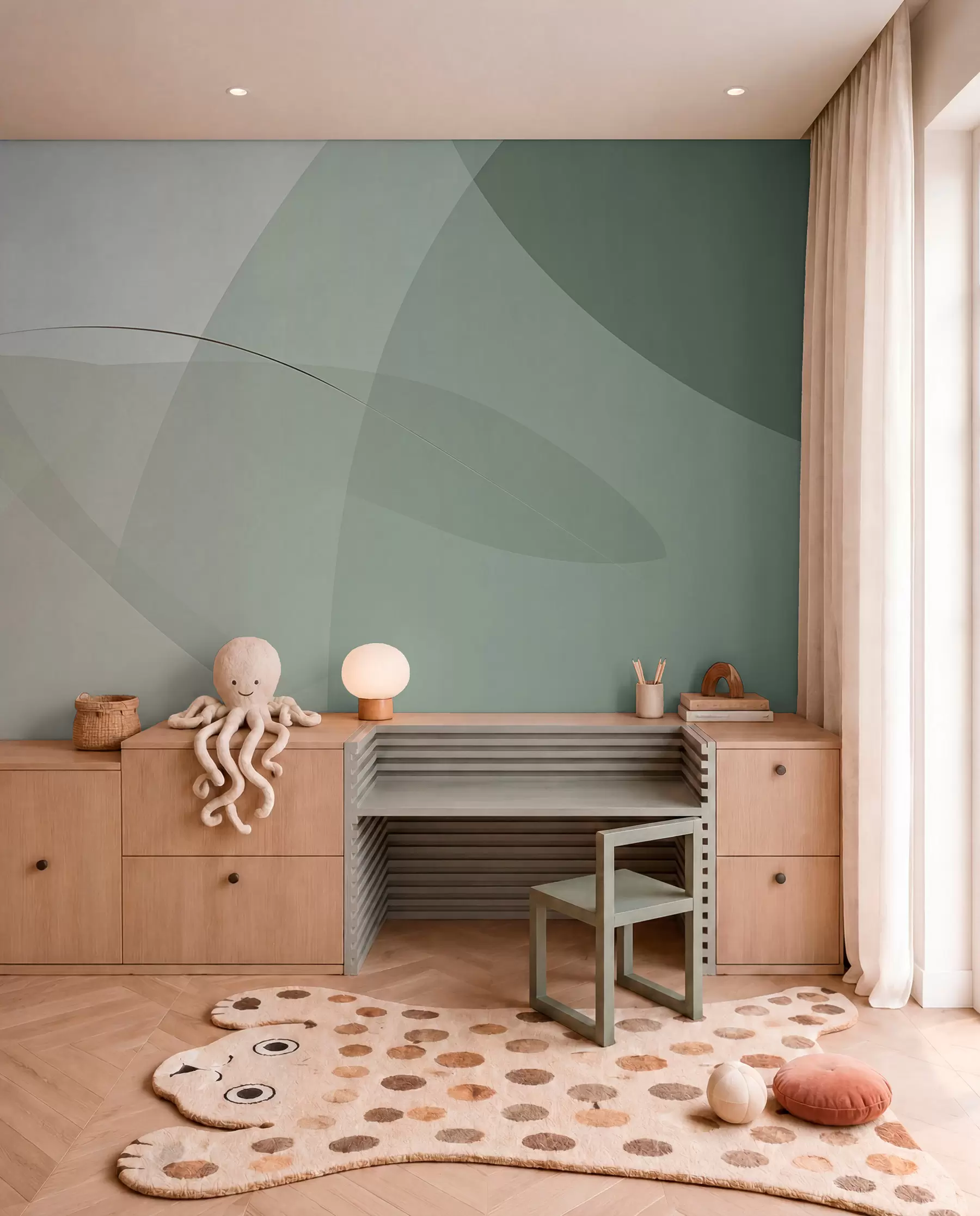 Wall Mural Photo Wallpaper Sage Shapes and Ochre Dots w04405