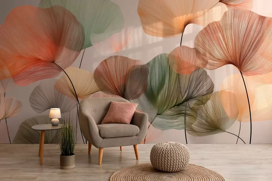 murales hojas de ginkgo multicolores con venas w04305