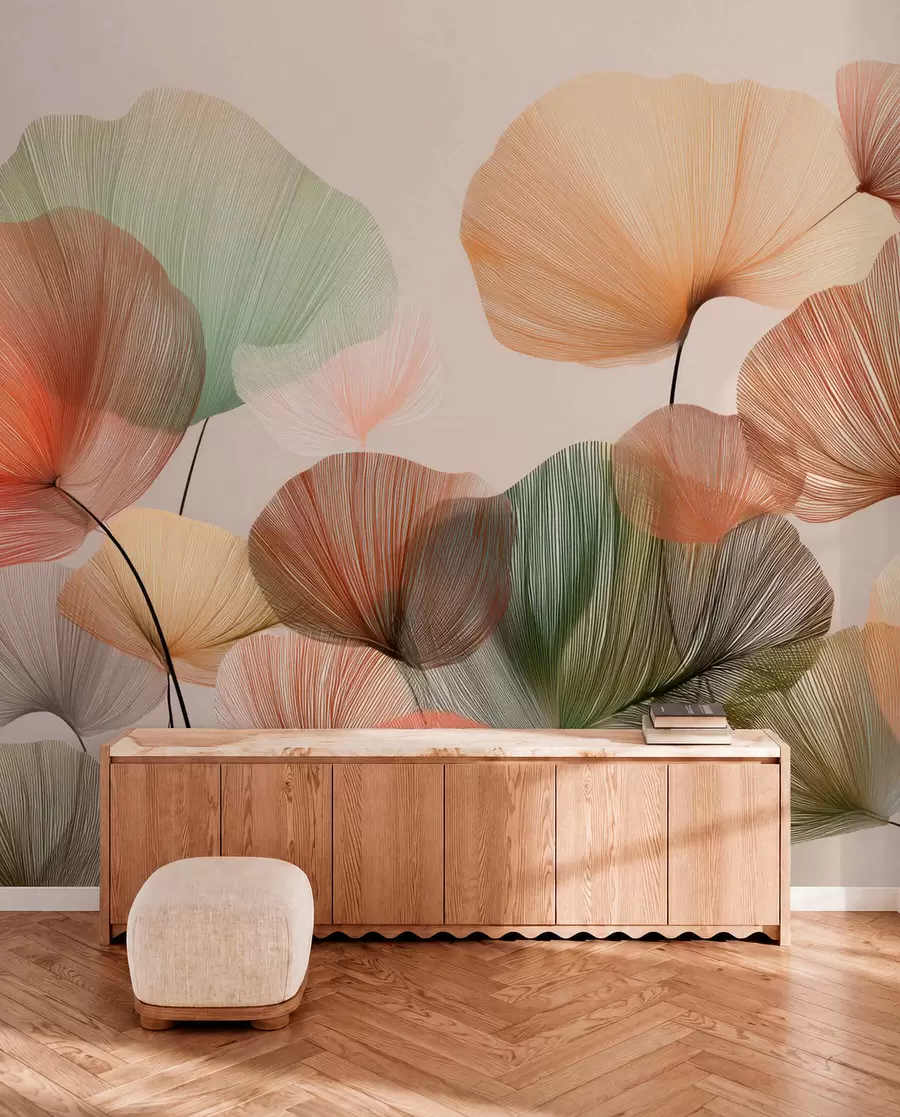 peintures murales feuilles de ginkgo multicolores avec nervures w04305