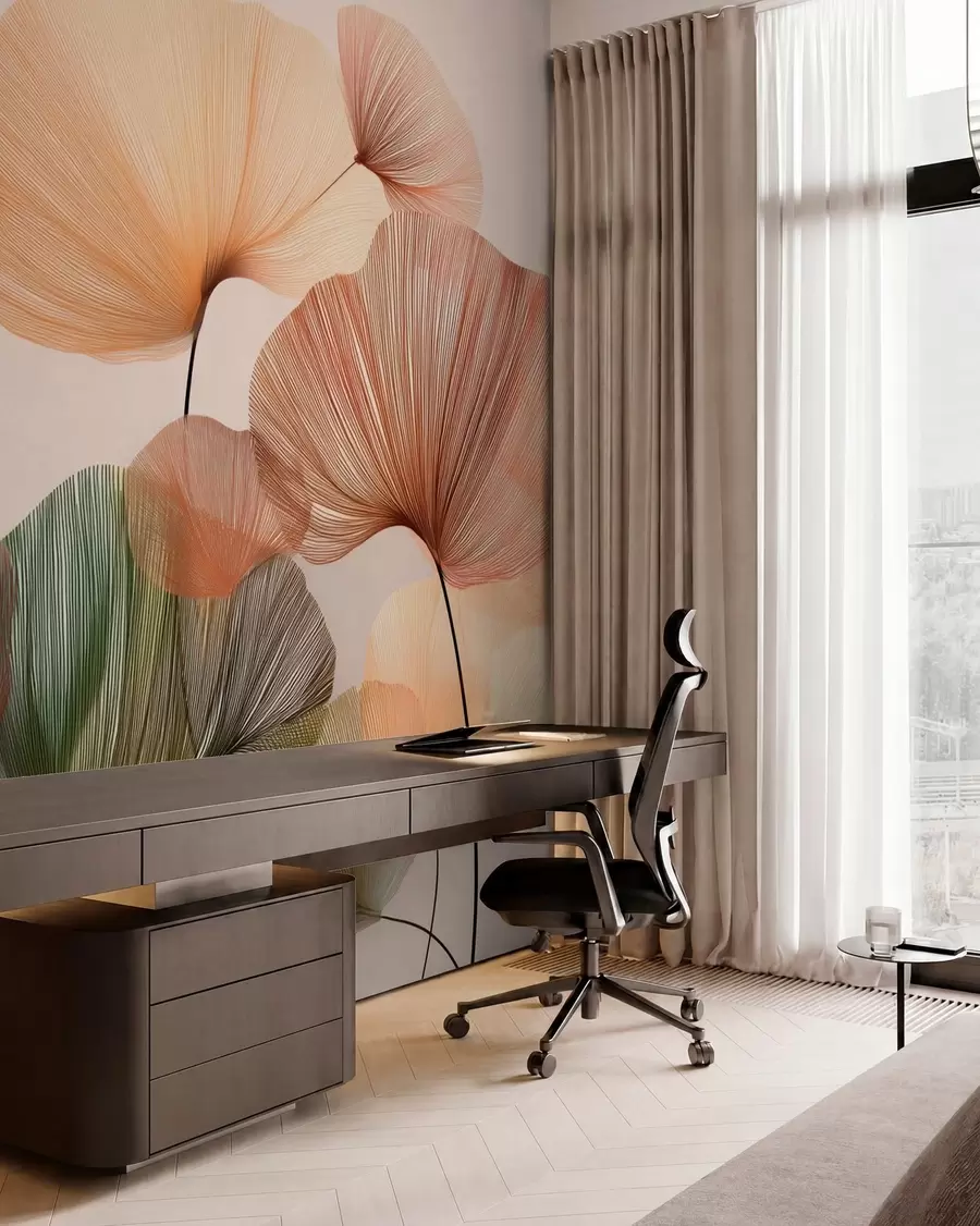 peintures murales feuilles de ginkgo multicolores avec nervures w04305