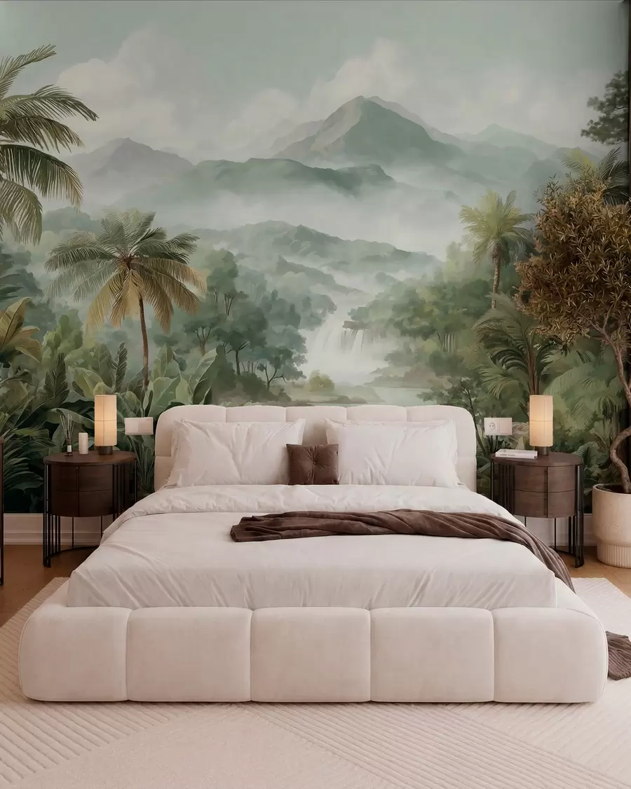 peintures murales jungle tropicale avec cascade w04306