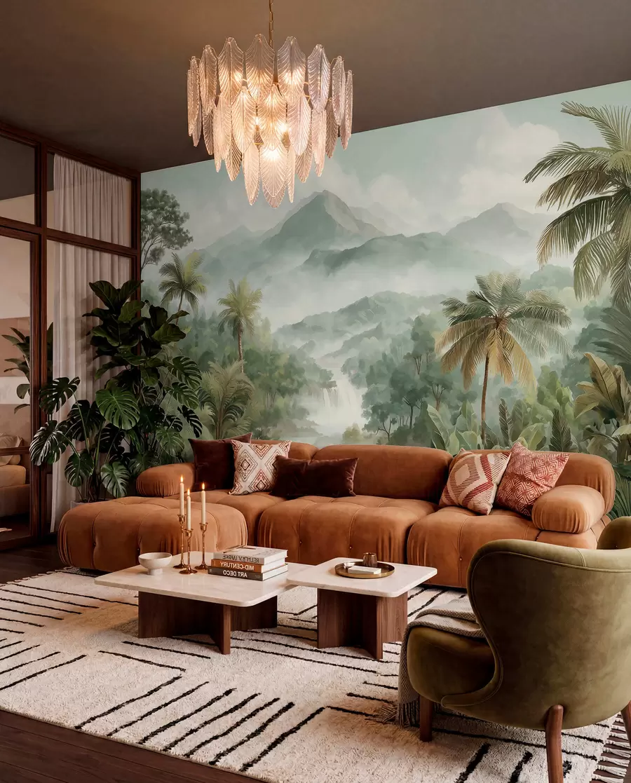 peintures murales jungle tropicale avec cascade w04306