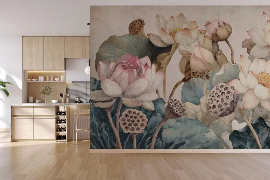 peintures murales nénuphars à grande texture w04309