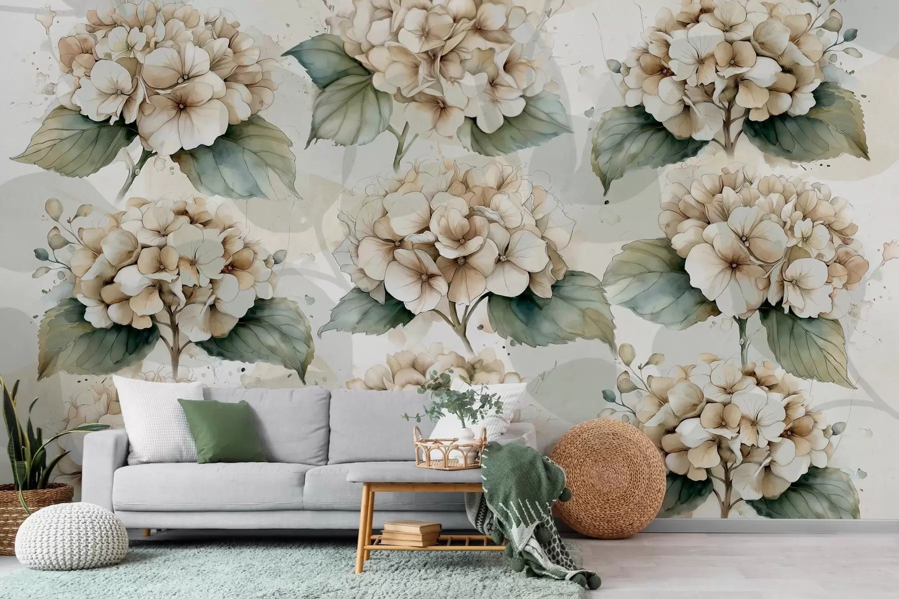 murales hortensias grandes en estilo acuarela w04312