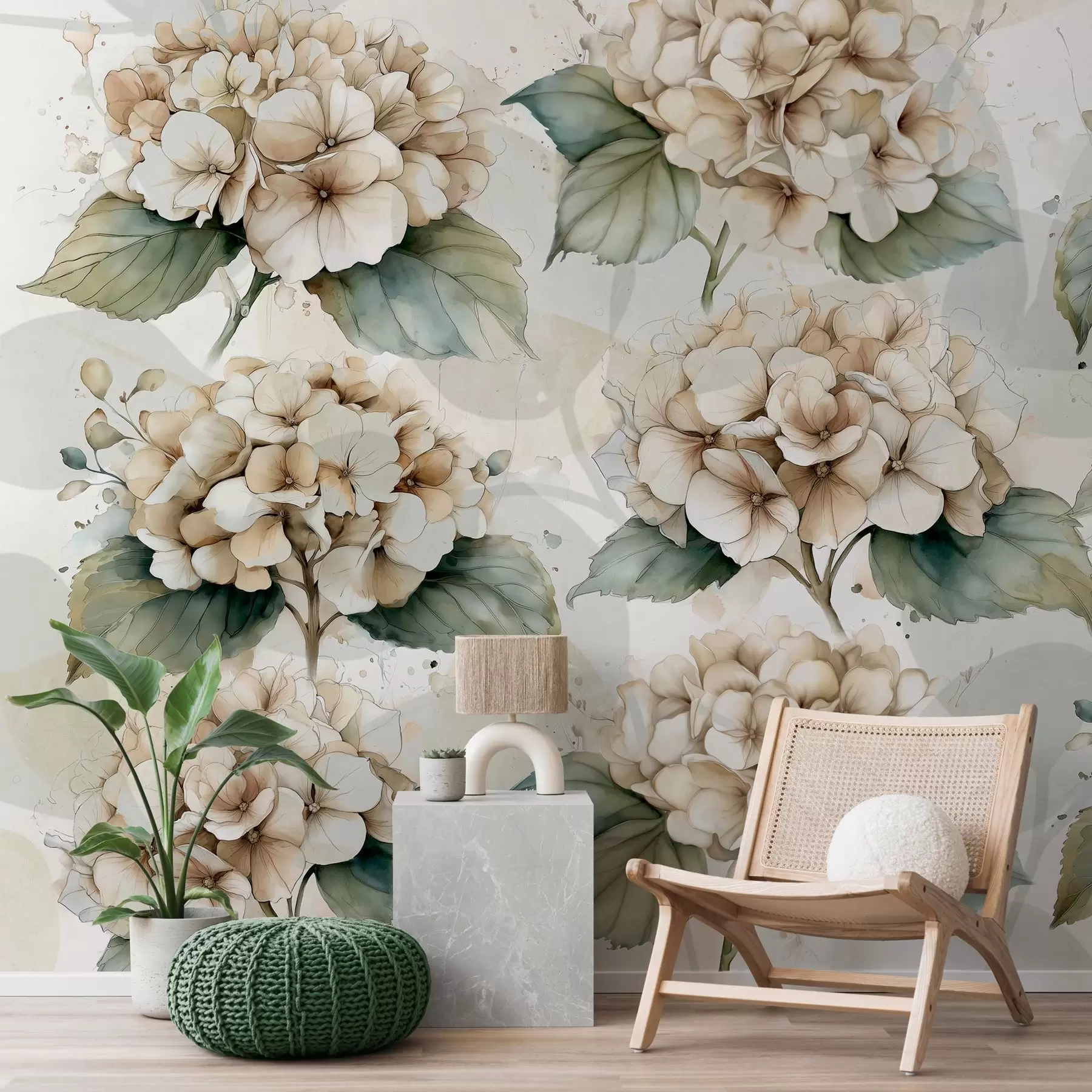 peintures murales grands hortensias en style aquarelle w04312