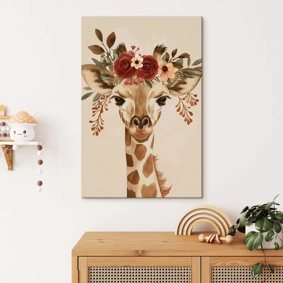 wall murals Giraffe in watercolor style with flowers on its head s45331