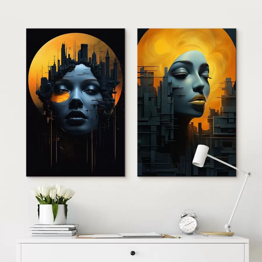 murales Retrato de niña sobre fondo abstracto de ciudad m00618