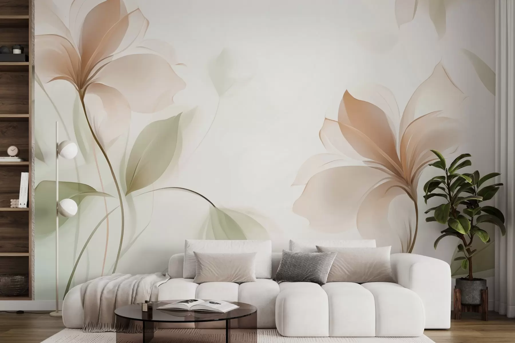 wall murals Transparent flowers in warm beige and pink tones w04397