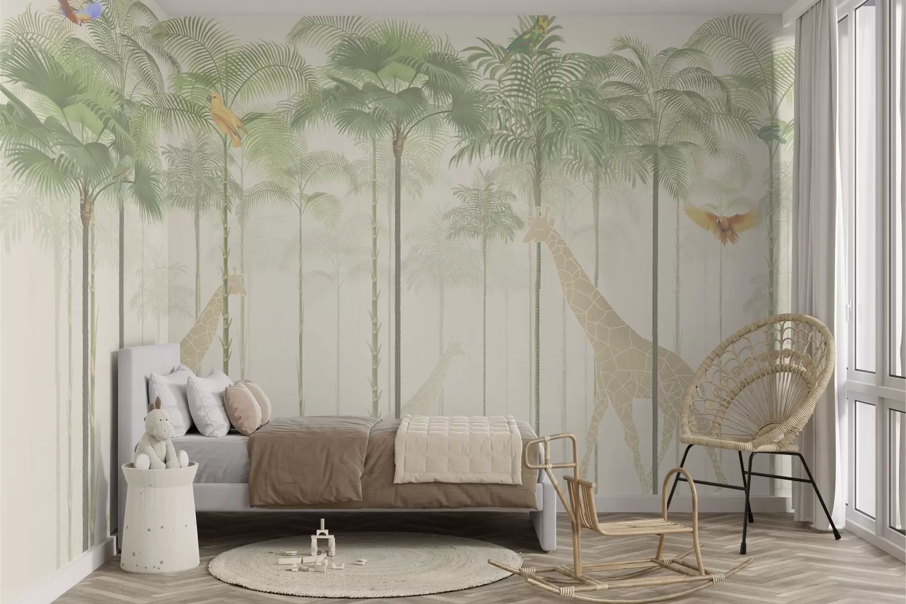 Wall Mural Photo Wallpaper Giraffes and tropical birds among tall palm trees w04400