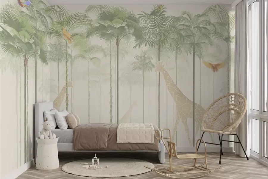 Wall Mural Photo Wallpaper Giraffes and tropical birds among tall palm trees w04400