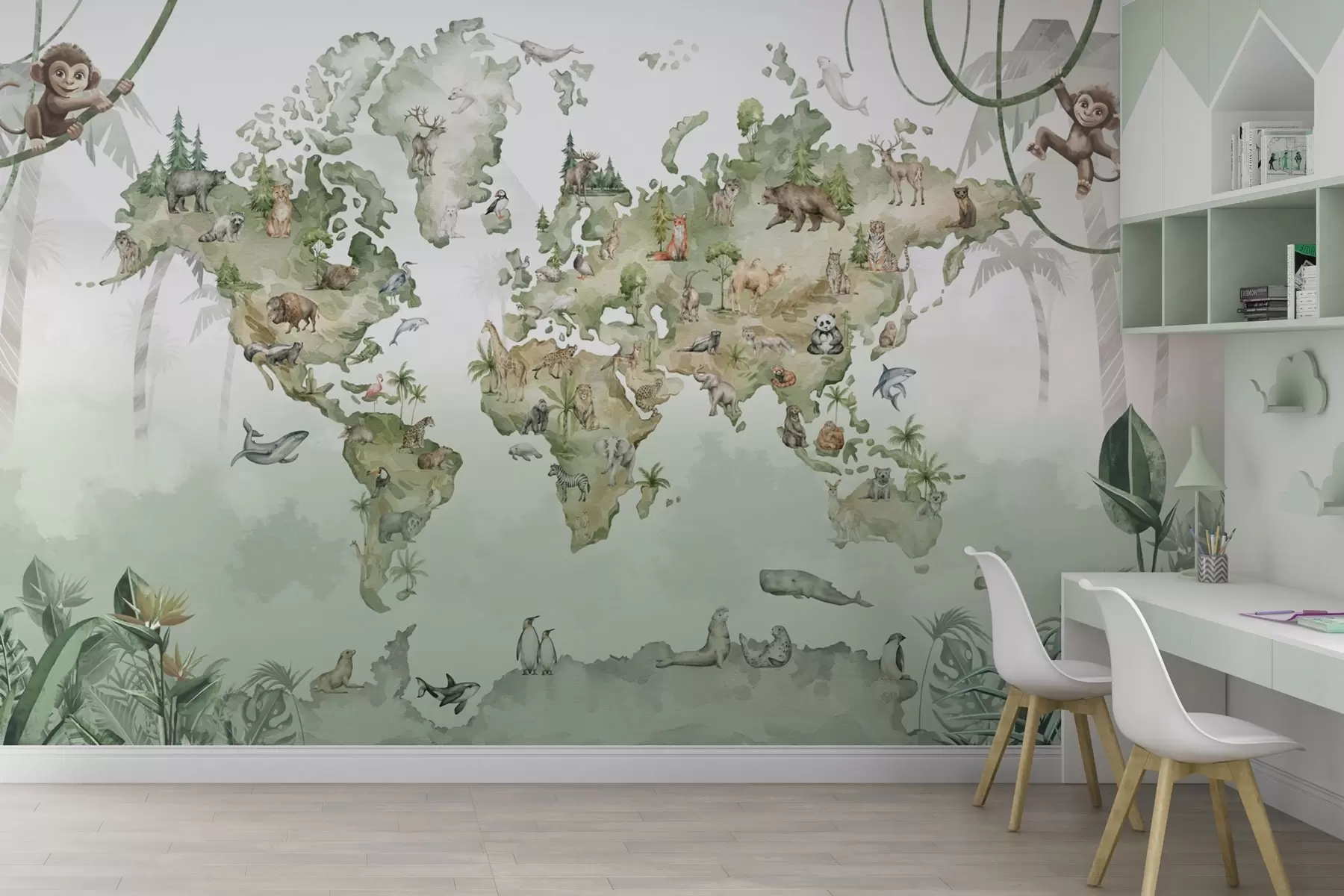 Wall Mural Photo Wallpaper Watercolor-style world map with animals w04418