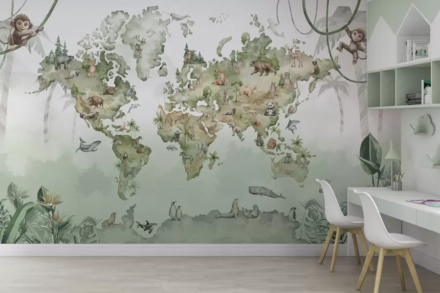 Wall Mural Photo Wallpaper Watercolor-style world map with animals w04418
