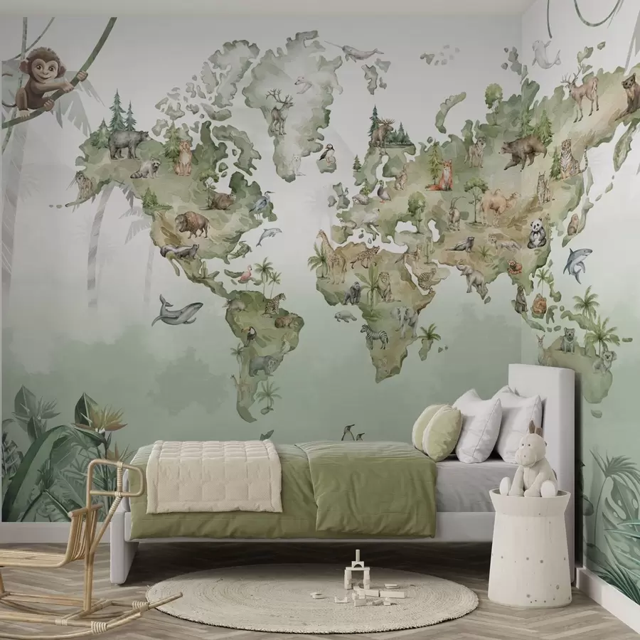 Wall Mural Photo Wallpaper Watercolor-style world map with animals w04418
