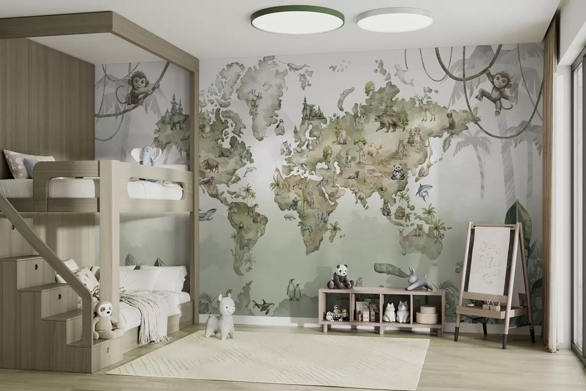 Wall Mural Photo Wallpaper Illustrated world map with animals and jungles w04418v1