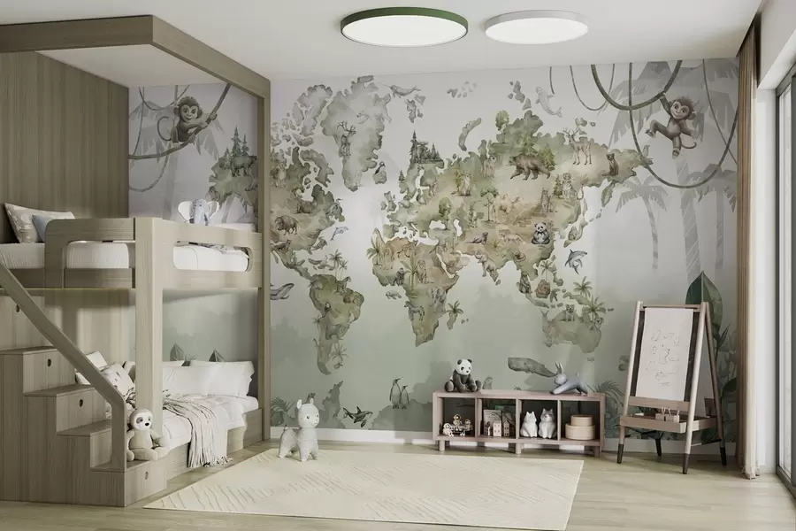 Wall Mural Photo Wallpaper Illustrated world map with animals and jungles w04418v1