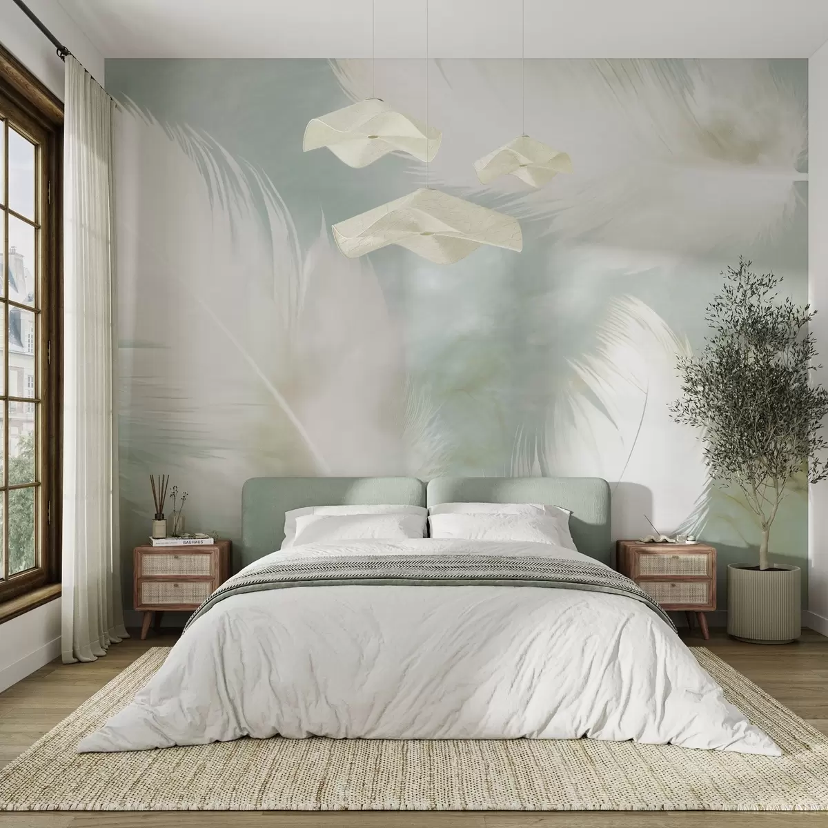 Wall Mural Photo Wallpaper Delicate white feathers on a soft mint background w04399