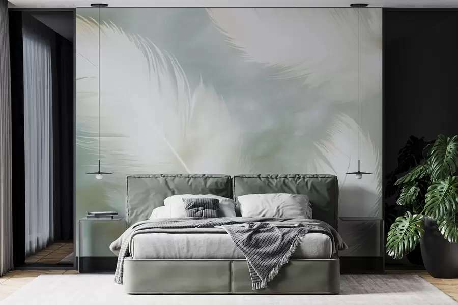 murais de parede Delicadas penas brancas sobre um fundo suave de menta w04399