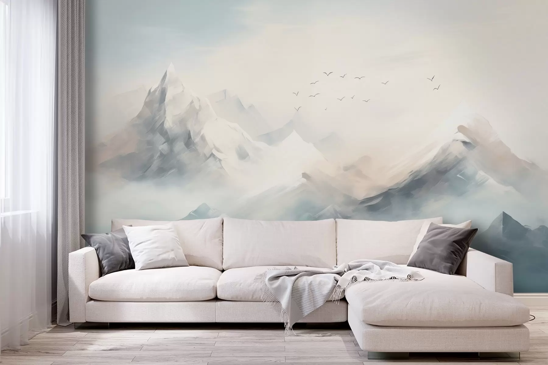 Wall Mural Photo Wallpaper Snow-covered mountain peaks in morning mist with soaring birds w09326