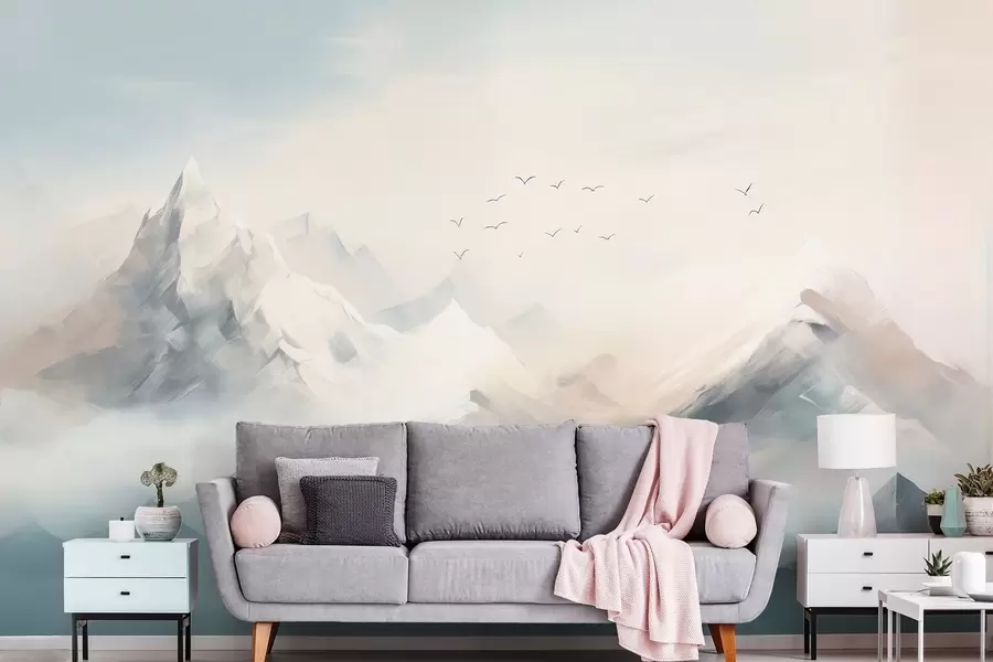 wall murals Snow-covered mountain peaks in morning mist with soaring birds w09326