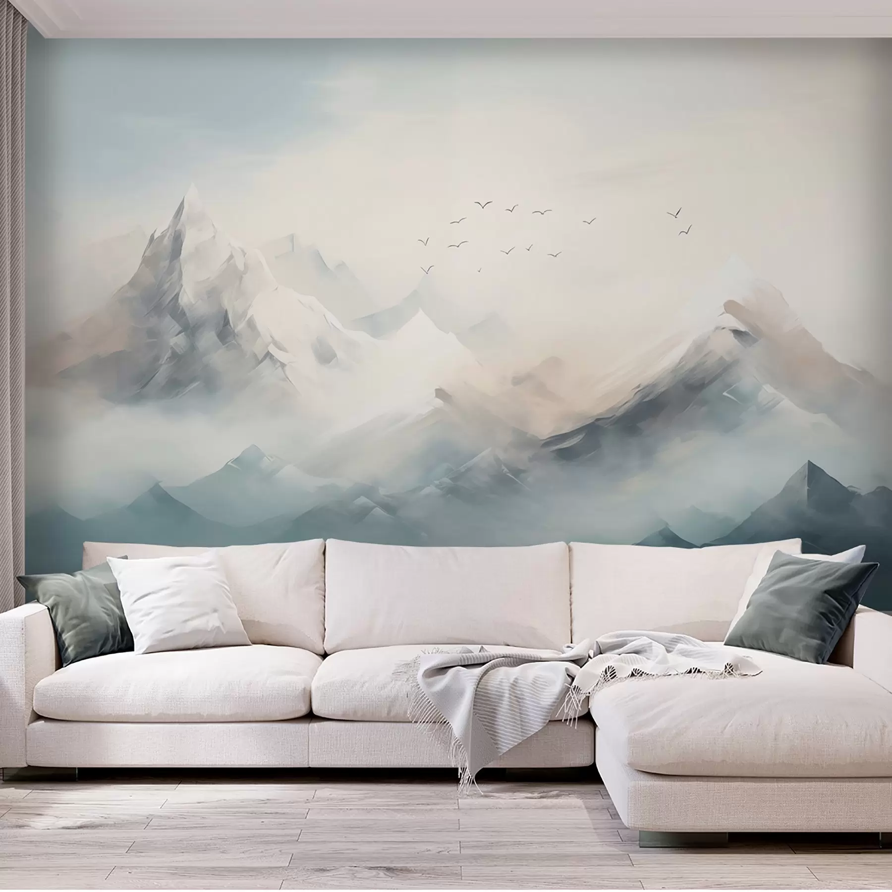 murales Montañas nevadas con niebla matinal y pájaros volando w09326