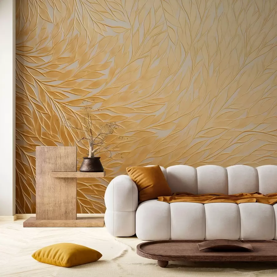 Wall Mural Photo Wallpaper Embossed leaf pattern in warm honey-yellow tones w09325