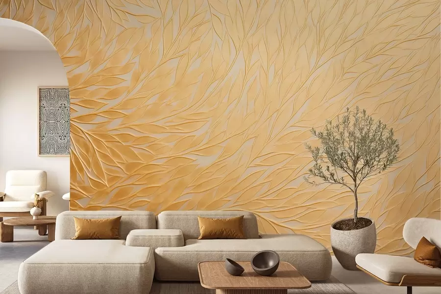 Wall Mural Photo Wallpaper Embossed leaf pattern in warm honey-yellow tones w09325