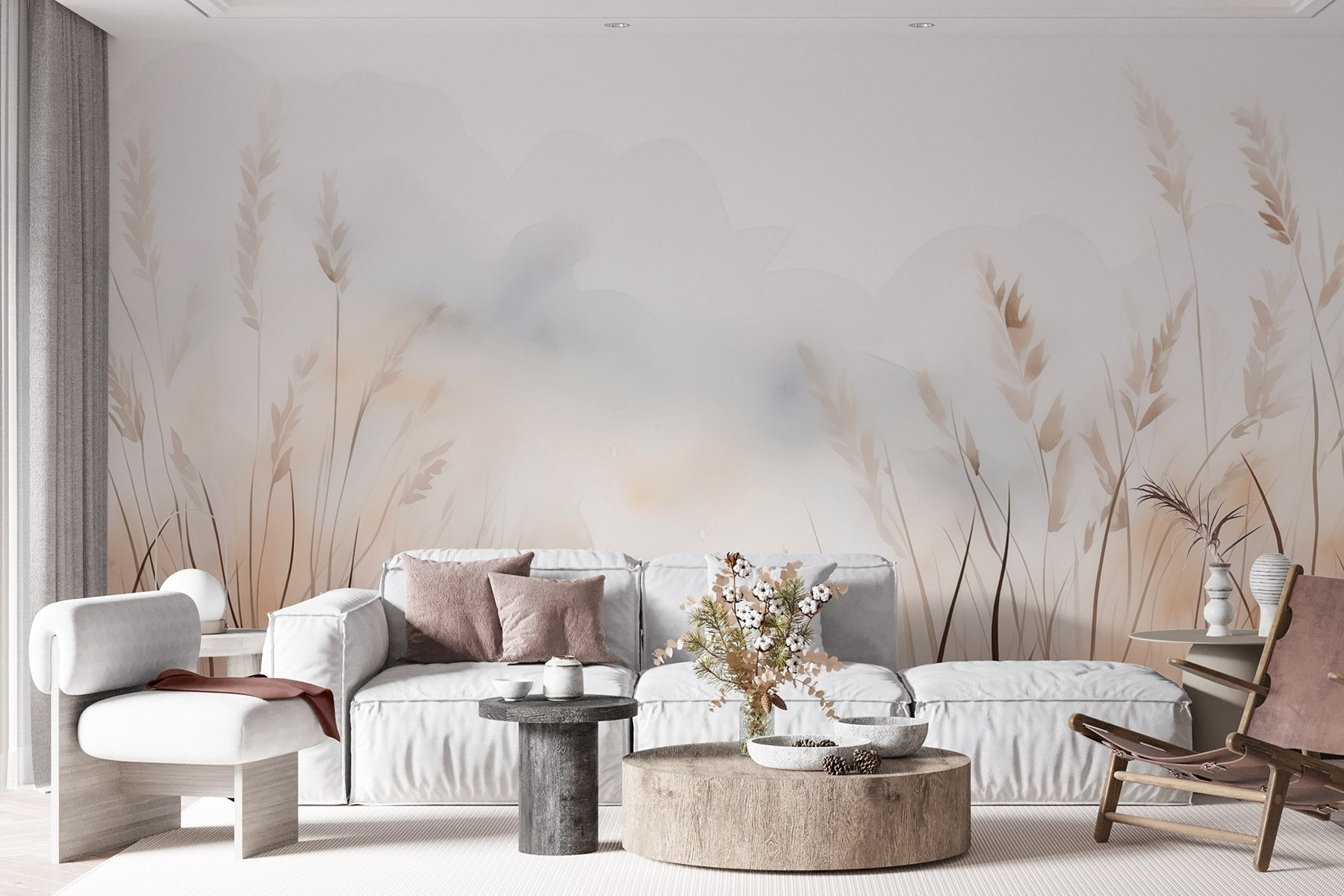 Wall Murals Watercolor Grain ears in mist in soft beige and