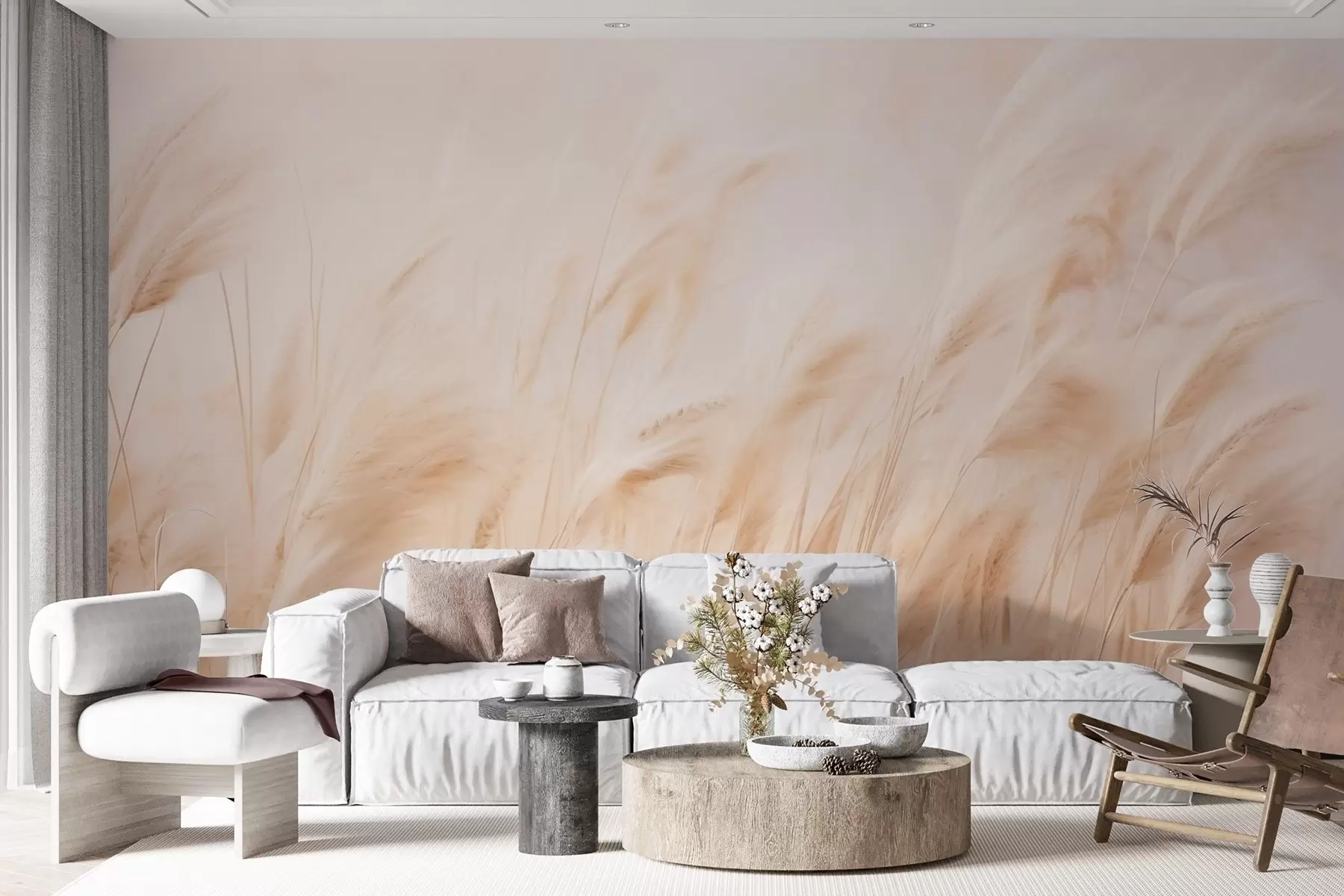 murales Suave vaivén de pampas en suaves tonos crema y beige w09330