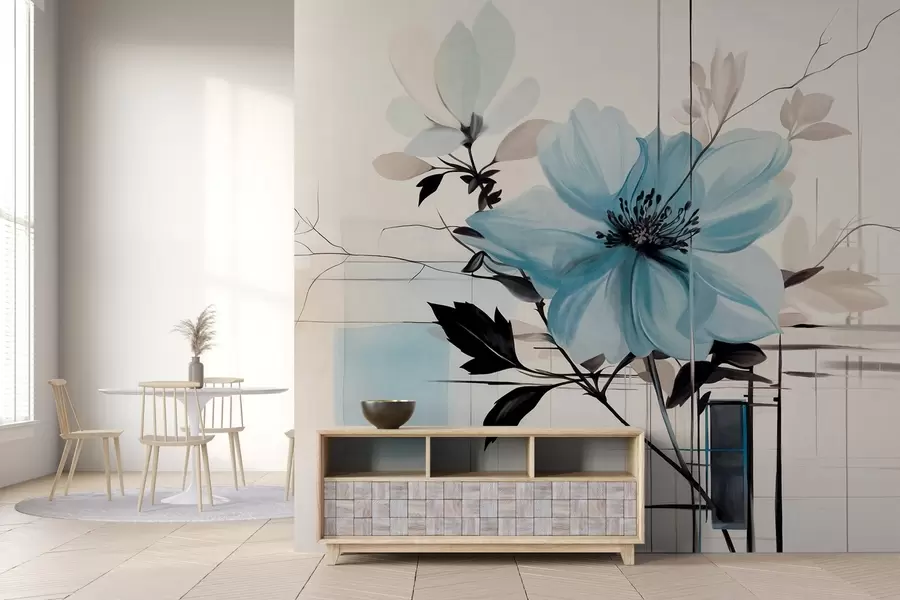 wall murals Abstract textured blue flower with dark leaves and branches, geometric minimalistic shapes and lines in muted colors w09332