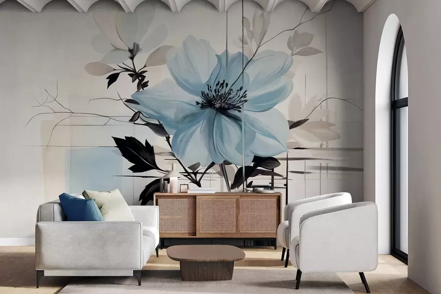 murales Flor abstracta azul texturizada con hojas y ramas oscuras, formas geométricas minimalistas y líneas en colores apagados w09332